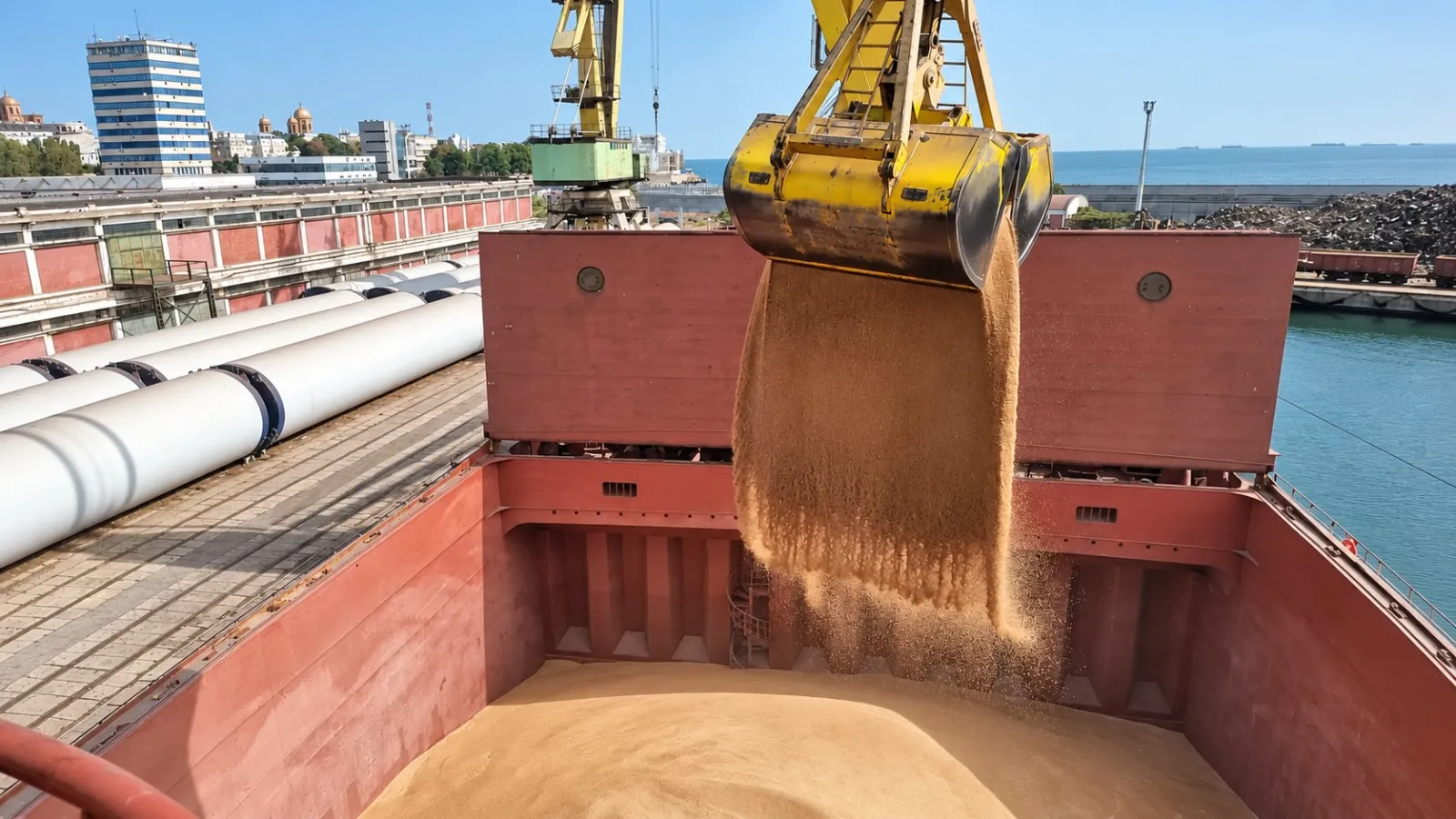 Dry bulk vessel loading cargo at a terminal