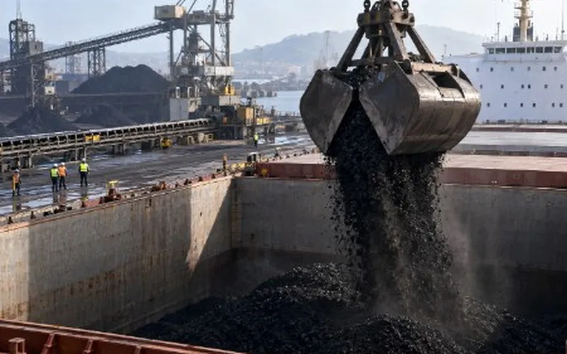Grab discharging coal into the hold of a bulk carrier at a coal terminal — World Coal article by Konstantin Kalnyi