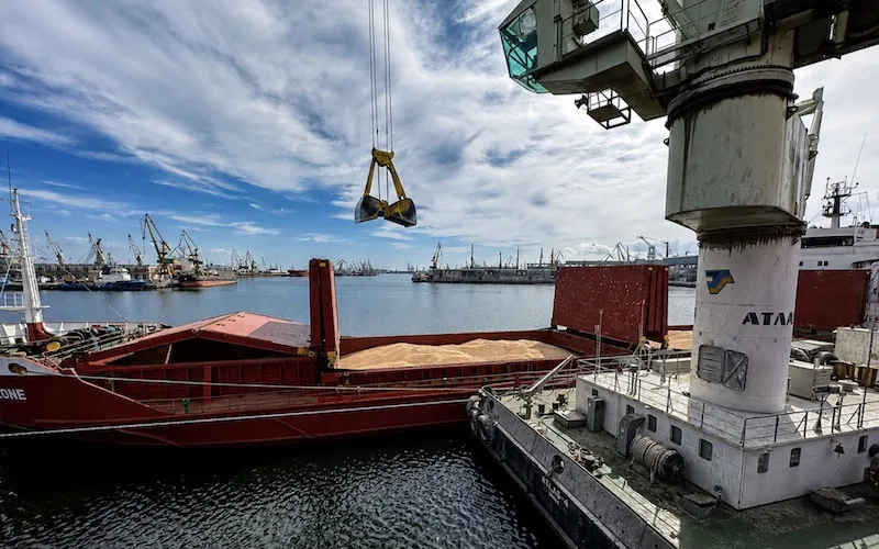 Grab crane working a grain-laden vessel in port — Dry Cargo International article by Konstantin Kalnyi