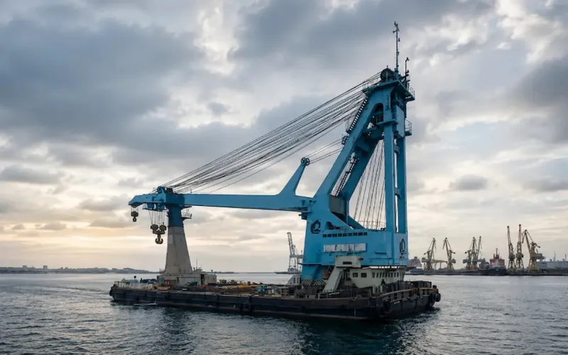 Floating crane on a pontoon in port waters — Shipping and Freight Resource article on voyage performance