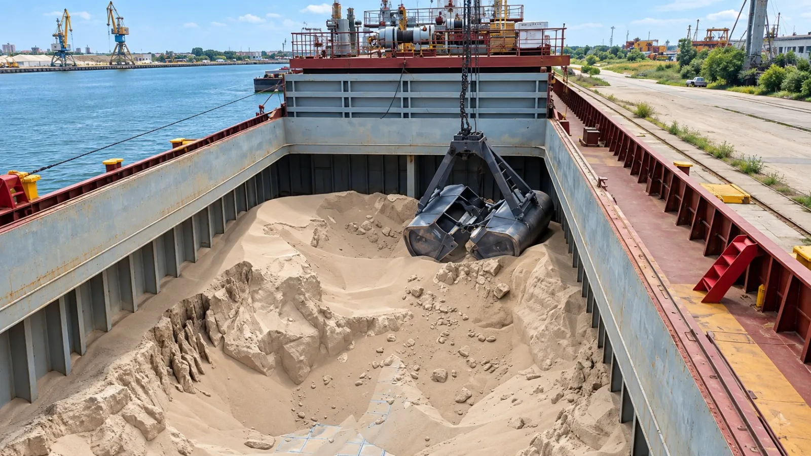 Grab discharging dry bulk cargo from the hold of a general cargo vessel in port