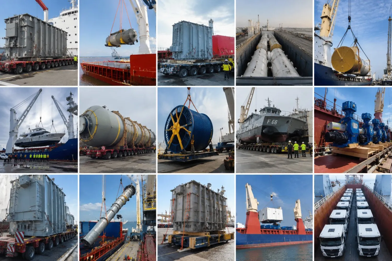 Breakbulk and project cargo units of different sizes: transformers, cable reels, pipes, boats and buses