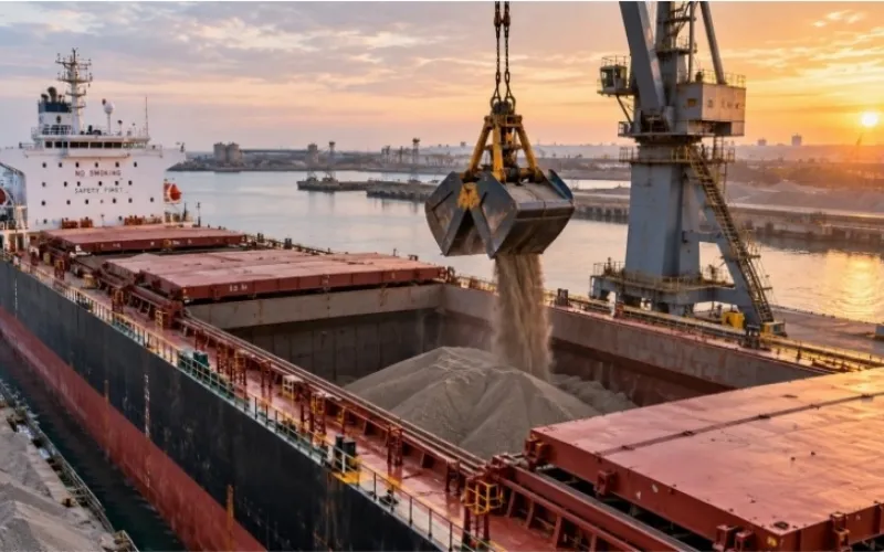 Grab discharging dry bulk cargo into the hold of a bulk carrier at sunset — India Shipping News article by Konstantin Kalnyi