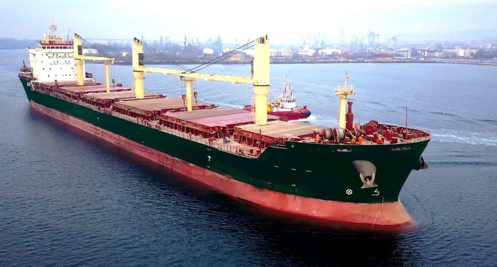 Geared bulk carrier with deck cranes, assisted by a tug